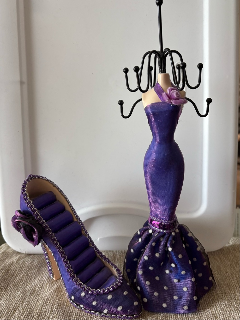 Elegant Purple Polka Dot Jewelry Stand and Shoe Display